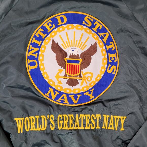 Vintage Y2K US-Navy Satin Bomber Jacket XL 26x27 Boxy NAVY Chief - Picture 3 of 16